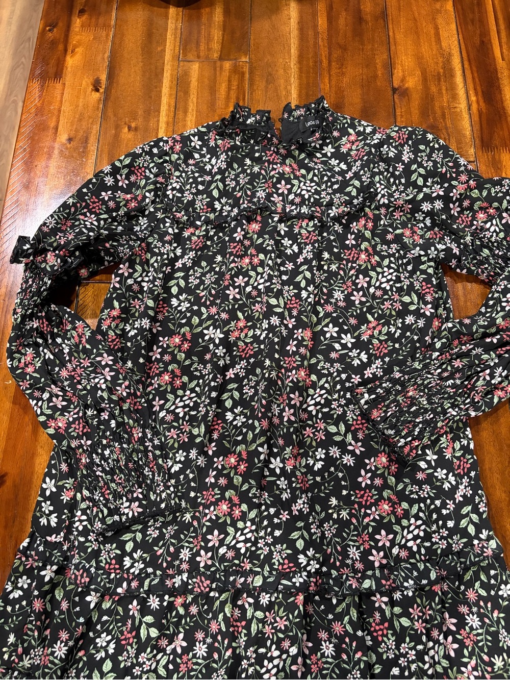 Lea & Viola Black Floral Ruffle-Neck Dress with Pink, White & Green Blossoms